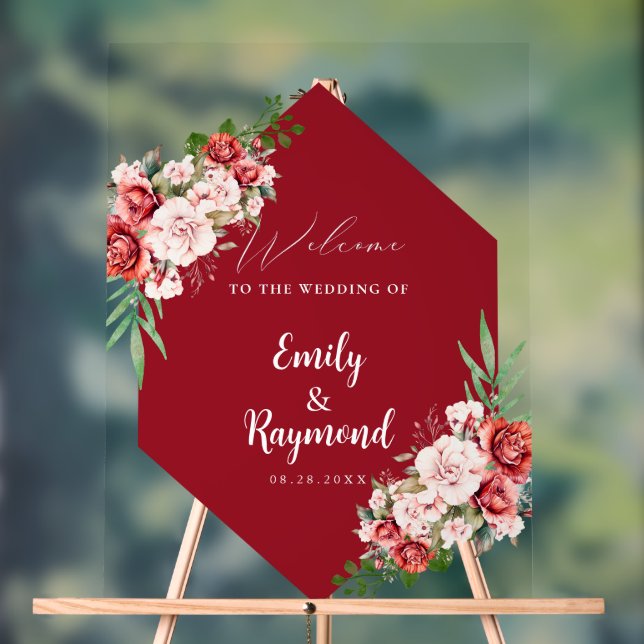 Señal Acrílica Terracotta Burgundy Blush Floral Wedding Welcome  (Neutral )