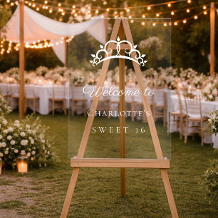 Señal Acrílica Tiara Sweet 16 blanca transparente bienvenida fies