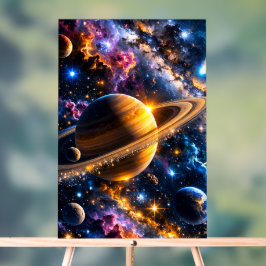 Señal Acrílica Título Odisea Galáctica arte de Saturno y nebulosa