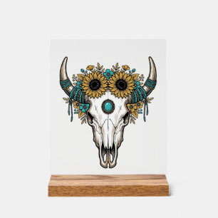Señal Acrílica Toro Boho Calavera Girasol Occidental Vintage Grab