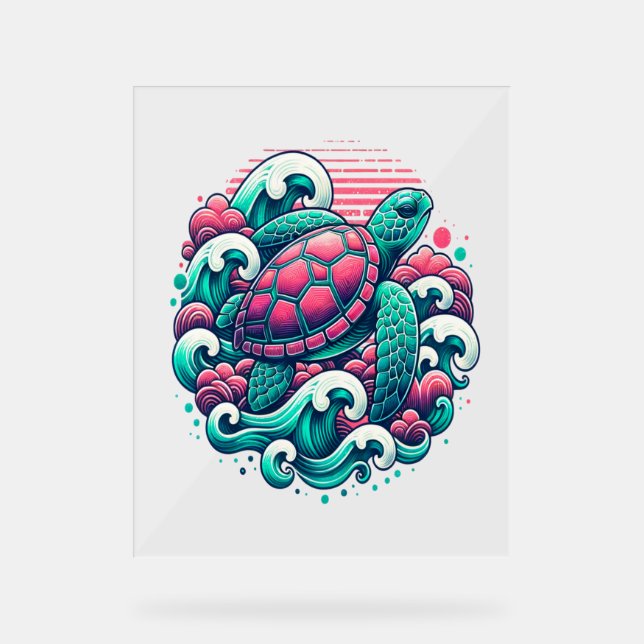 Señal Acrílica Tortuga de olas del océano de verano retro (Anverso)