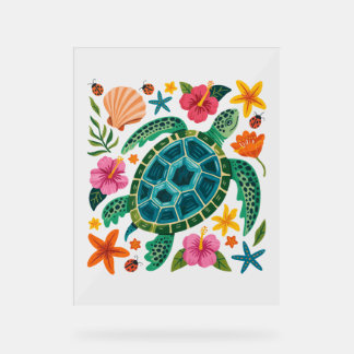 Señal Acrílica Tortuga marina floral de Boho