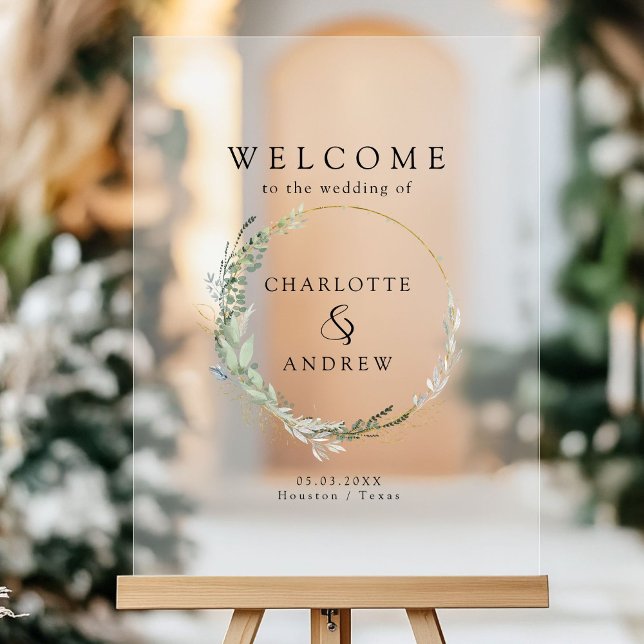 Señal Acrílica Trato boda eucalipto verde (Eucalyptus greenery gold wedding welcome acrylic sign with your names and date.)