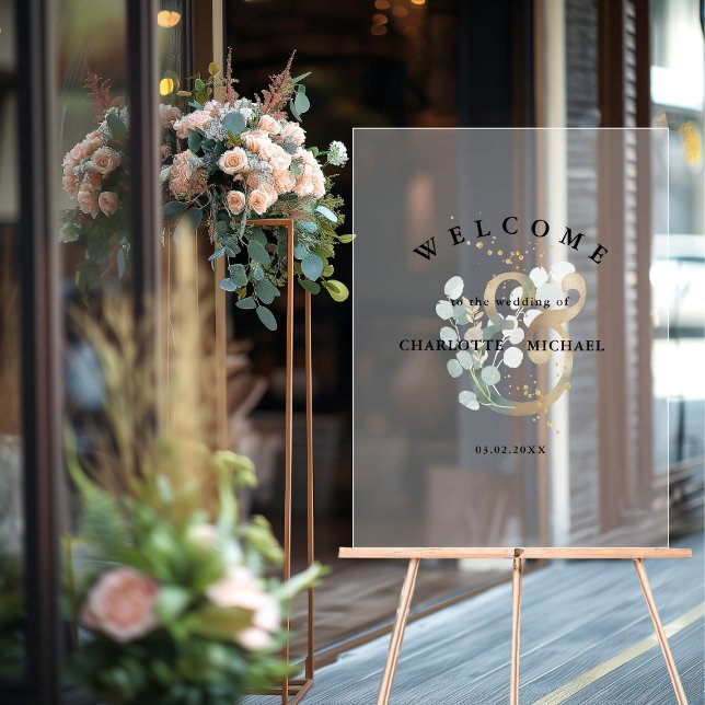 Señal Acrílica Trato boda eucalipto verde (Eucalyptus greenery gold wedding welcome acrylic sign)