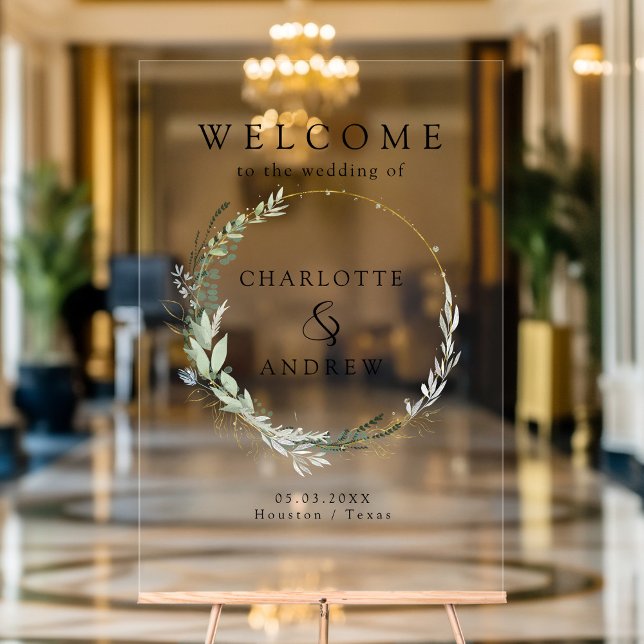 Señal Acrílica Trato boda eucalipto verde (Personalized Eucalyptus greenery gold wedding welcome acrylic sign)