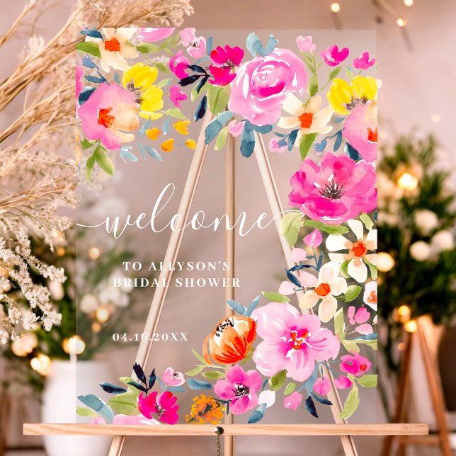 Señal Acrílica Trato de novias con audaz floral bohemia (Bohemian bold floral watercolor bridal welcome acrylic sign)
