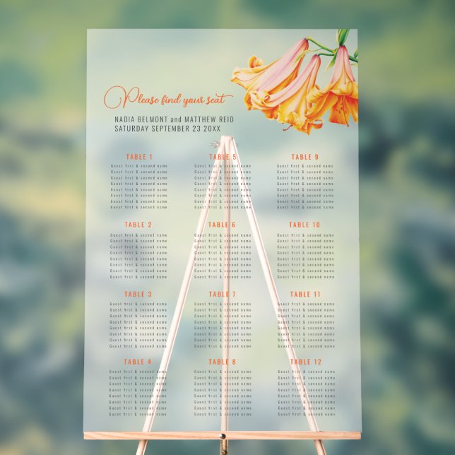 Señal Acrílica Trumpet lilies wedding 12 table seating chart  (Neutral )