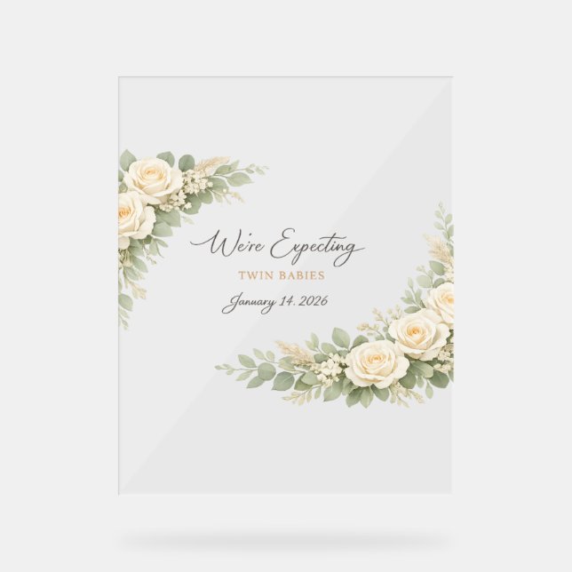 Señal Acrílica Twin Baby Shower Invitation Botanical Greenery Flo (Anverso)