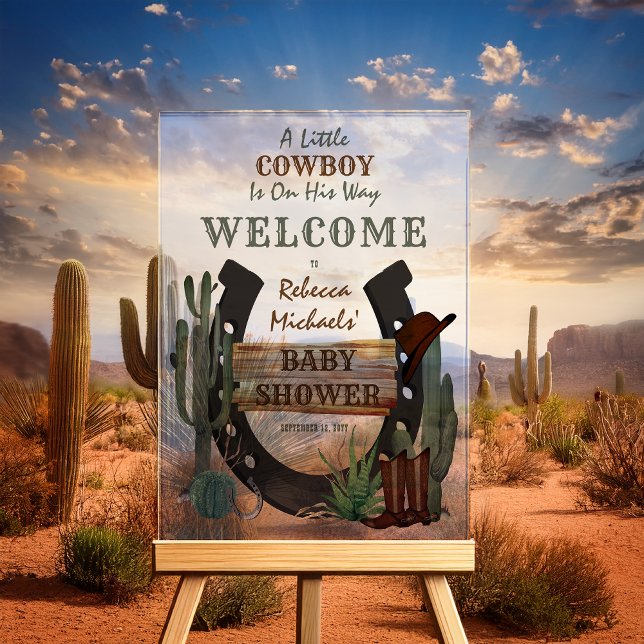 Señal Acrílica Un niño pequeño niño occidental Baby Shower ("A Little Cowboy Is On His Way Welcome" Western Themed Baby Shower Acrylic Sign)