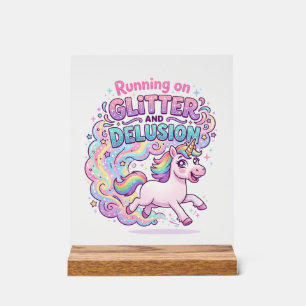 Señal Acrílica Unicornio corriendo sobre brillo y encanto de ilus