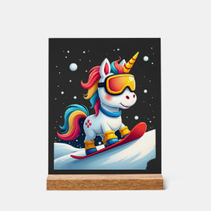Señal Acrílica Unicornio en Snowboard - Divertido Esquí y Deporte