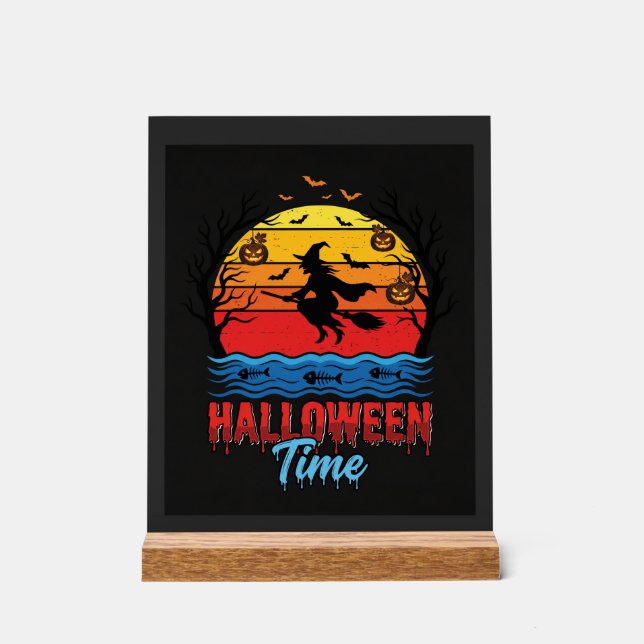 Señal Acrílica Vector Bruja Atardecer Halloween (Anverso)
