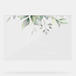 Señal Acrílica Verdor, hojas de eucalipto, bienvenida al cumpleañ