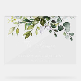 Señal Acrílica Verdor, hojas de eucalipto, bienvenida al cumpleañ
