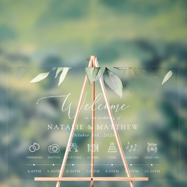 Señal Acrílica Verdor, hojas de eucalipto, línea de tiempo Boda (Neutral )