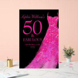 Señal Acrílica Vestido rosa caliente 50 y fabuloso 50 cumpleaños 
