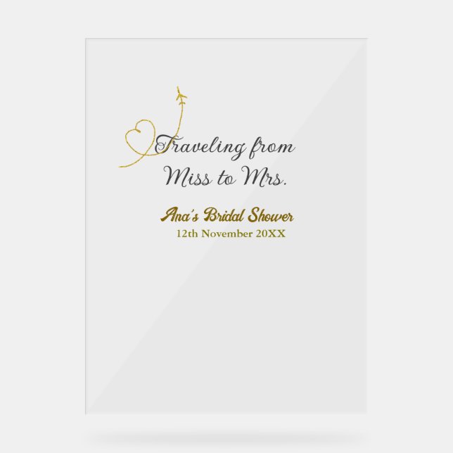 Señal Acrílica Viajar de Miss a Mrs. bridal ducha agregar nombre (Anverso)