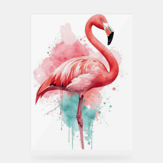 Señal Acrílica Vibrant Watercolor Flamingo Pink and Teal Splash
