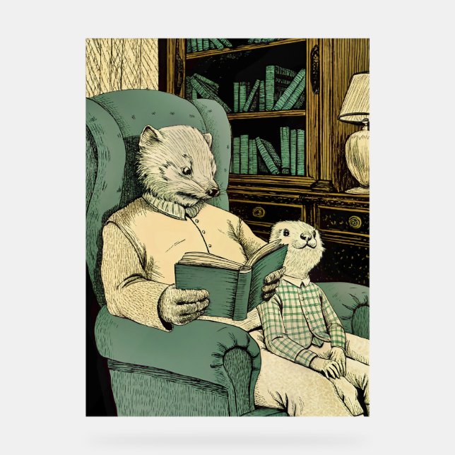 Señal Acrílica Vieja comadreja leyendo un libro a una joven comad (Anverso)