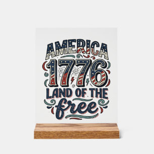 Señal Acrílica Vintage América 1776 Tierra de la Libertad Diseño