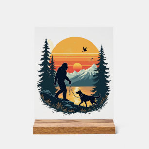 Señal Acrílica Vintage Bigfoot Perro Caminando Montaña Atardecer