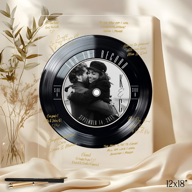 Señal Acrílica Vinyl Record Autograph Photo Wedding Guest Book (Unique black and ivory vinyl record music theme photo wedding guest book autographs acrylic sign)