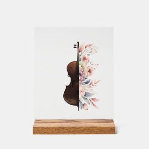 Señal Acrílica Violín entre flores. Bouquet de flores.