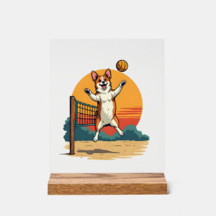 Señal Acrílica Voleibol Corgi Vintage Ilustración Vectorial Puest