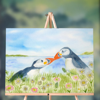 Señal Acrílica Watercolor Cute Puffins in a Field of Flowers