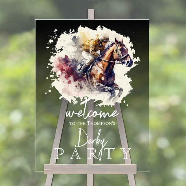 Señal Acrílica Watercolor Racehorse Derby Fiesta (Watercolor racehorse and jockey Derby party smoky black transparent acrylic sign)
