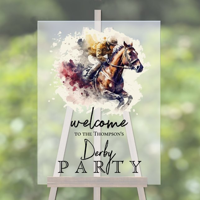 Señal Acrílica Watercolor Racehorse Derby Fiesta (Watercolor racehorse and jockey Derby party frosted acrylic sign)