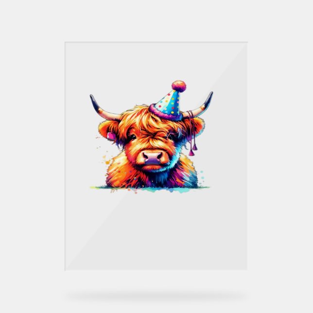 Señal Acrílica Watercolor Scottish Highland Cow Birthday Essentia (Anverso)