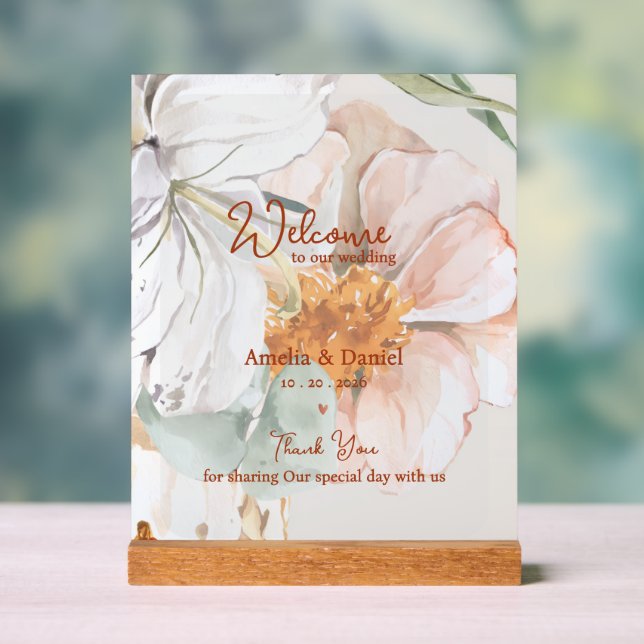 Señal Acrílica Wedding Welcome Acrylic Sign | Blush Peach Floral (Neutral )