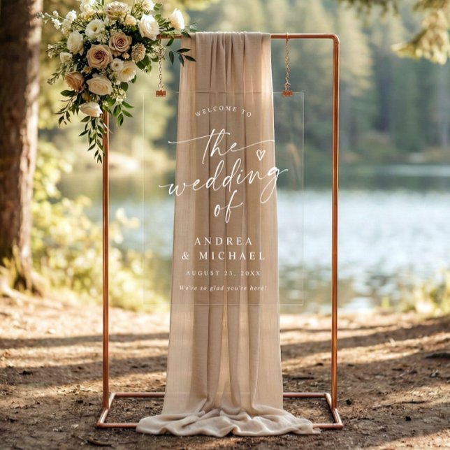 Señal Acrílica Wedding Welcome Modern Handwriting Heart (Clear acrylic wedding welcome sign with hand lettered script and heart accent)