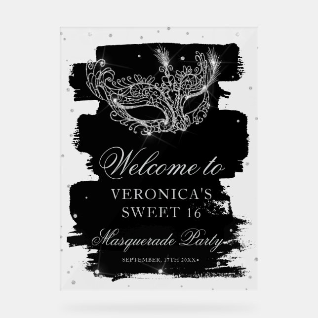 Señal Acrílica Welcome Masquerade black silver glitter Sweet 16 (Anverso)