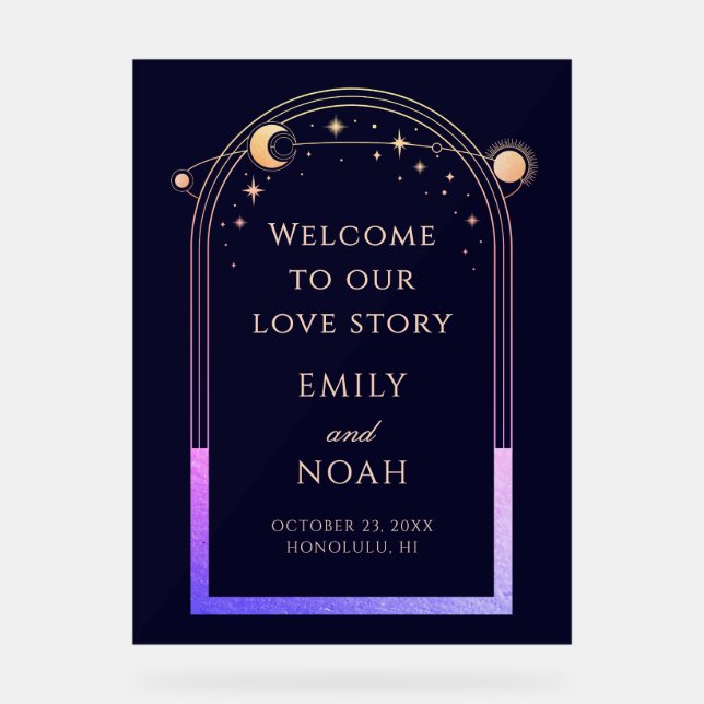 Señal Acrílica Welcome To Our Love Story Blue Celestial Wedding (Anverso)