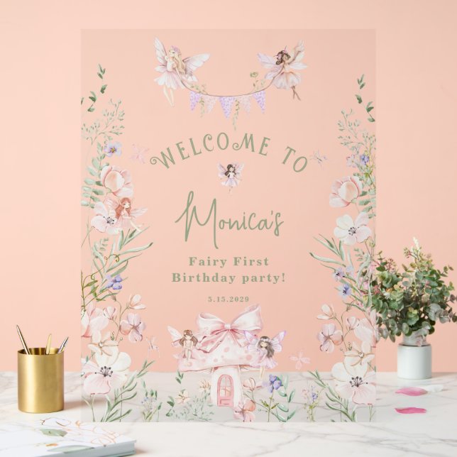 Señal Acrílica Whimsical garden Fairy First Birthday Welcome (Boda)