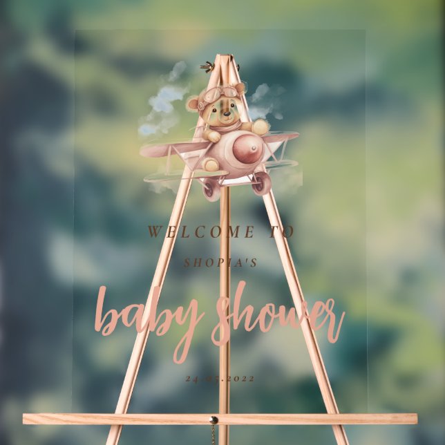 Señal Acrílica Whimsical Pink Airplane Adventure Baby Shower (Neutral )