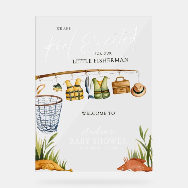 Señal Acrílica White Welcome to our Reel Excited Fisherman Baby  (Anverso)