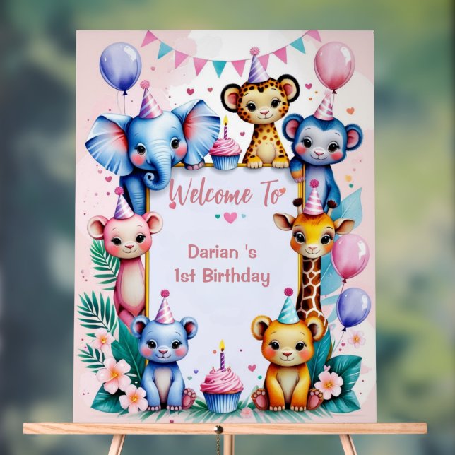 Señal Acrílica Wild One Cute Animals Balloon kids 1st Birthday (Neutral )
