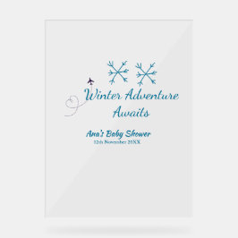 Señal Acrílica Winter Adventure awaits baby shower blue snowflake
