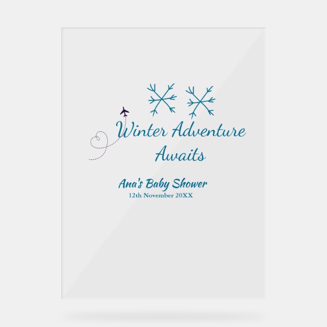 Señal Acrílica Winter Adventure awaits baby shower blue snowflake (Anverso)