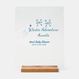Señal Acrílica Winter Adventure awaits baby shower blue snowflake