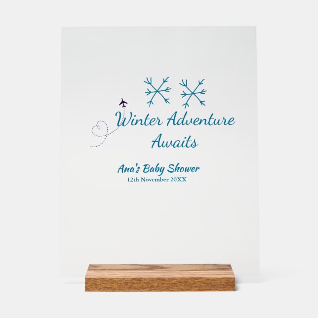 Señal Acrílica Winter Adventure awaits baby shower blue snowflake (Anverso)