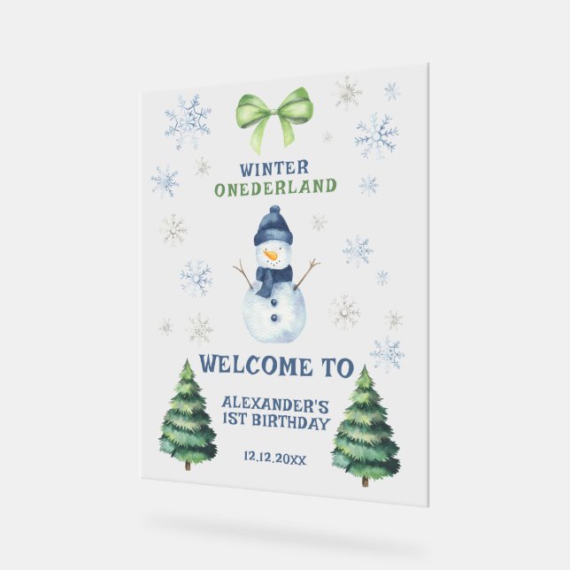 Señal Acrílica Winter Onederland Snowman 1er cumpleaños (Ángulo)