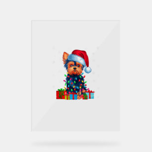 Señal Acrílica Yorkie Dog Ugly Xmas ilumina Santa Hat Yorkie Dog