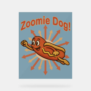 Señal Acrílica Zoomie Dog Flying Hot Dog Personalizado - Fun Retr