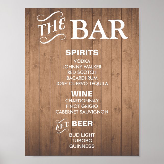 Señal de BAR MENU para recepción de bodas y fiesta (Frente)