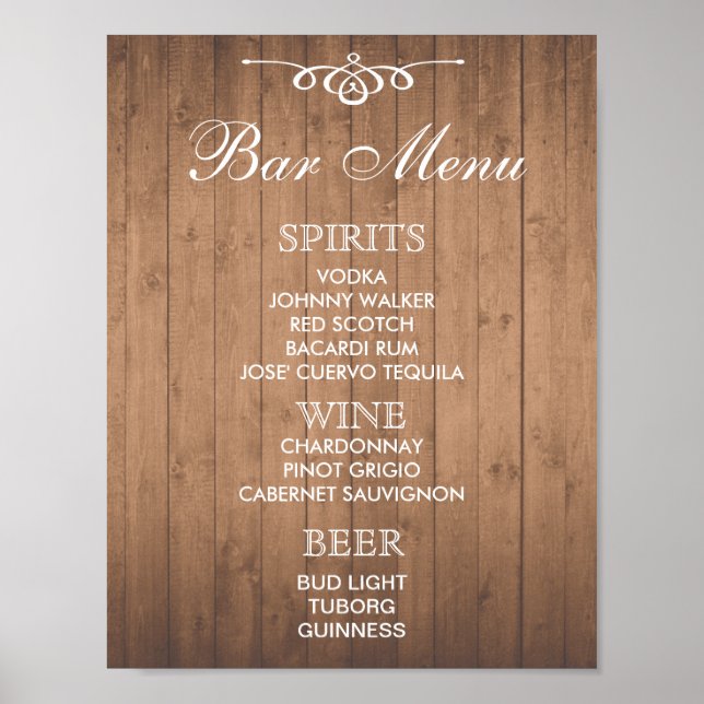 Señal de BAR MENU para recepción de bodas y fiesta (Frente)