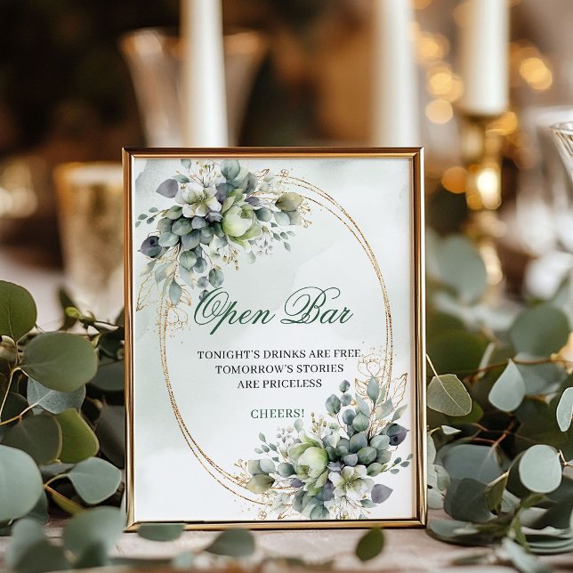 Señal de barra abierta botánica boho Dusty Green 8 (Boho Botanical Open Bar Sign Dusty Green 8x10)